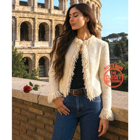 ZARA Wool-Blend Fringe Knit Cardigan NWT – Ecru Textured Jacket, Size XL - Picture 3 of 16